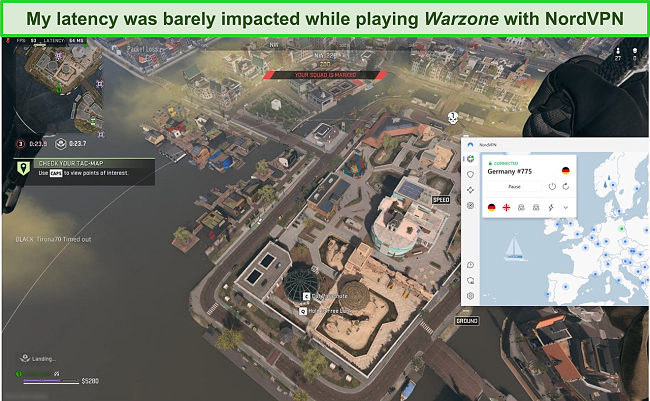 A screenshot showing the tester playing Call of Duty: Warzone while connected to NordVPN's Germany server.