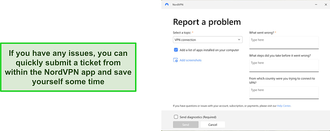Overview of NordVPN's in-app ticketing feature that allows users to report problems from inside the app.