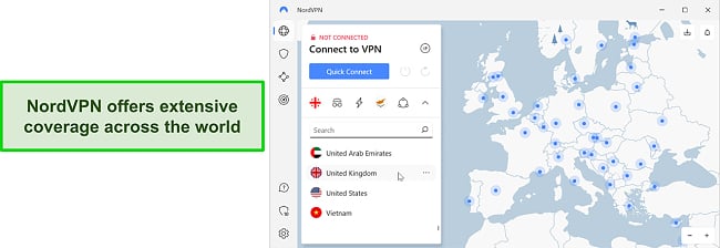 Overview of NordVPN's server selection screen.