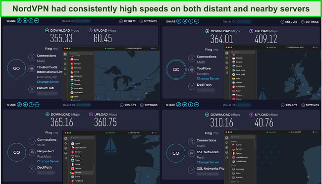 NordVPN speed test results across 4 global servers.