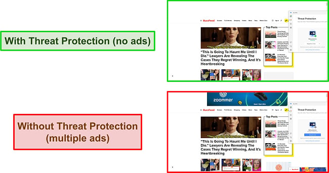 Comparing NordVPN's Threat Protection turned on while using BuzzFeed (showing no adverts), versus turned off (showing multiple ads).