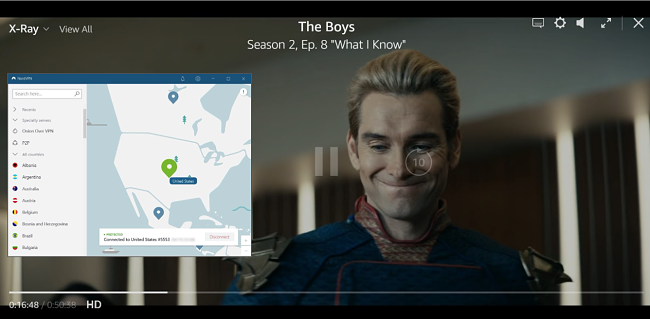 Capture d'écran de The Boys jouant sur Amazon Prime US avec NordVPN connecté à un serveur américain