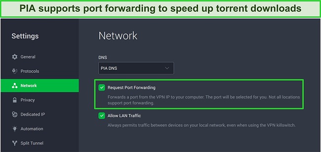 Screenshot of PIA's port forwarding function on its app