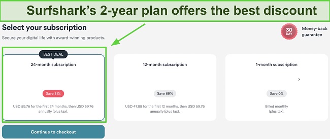 Screenshot of Surfshark's plans on the website