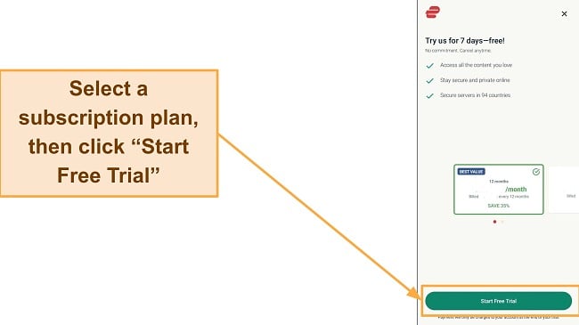 Screenshot of the plan selection page with the 