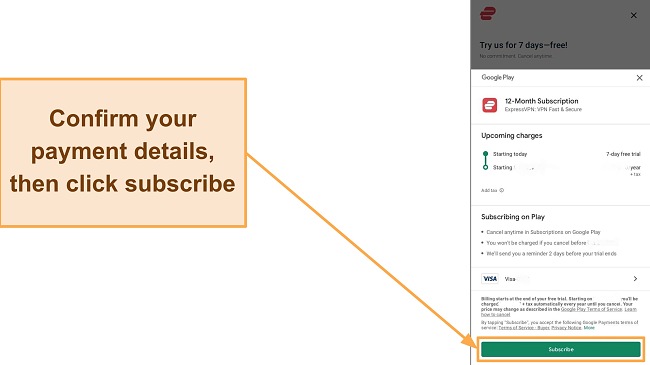 Screenshot of the final sign-up confirmation on Google Play, with the Subscribe button highlighted.