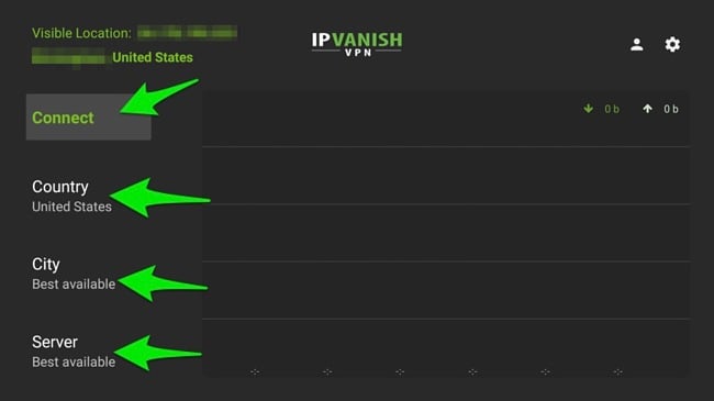 IPVanish の FireStick インターフェイスのスクリーンショット 国、都市、サーバー オプション。