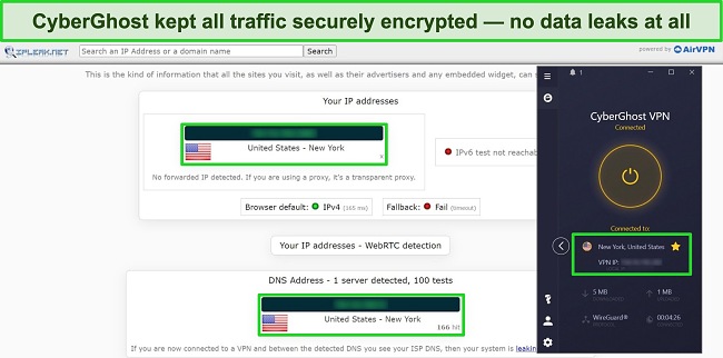 Screenshots of CyberGhost connected to a US server with the results of a leak test showing zero data leaks.