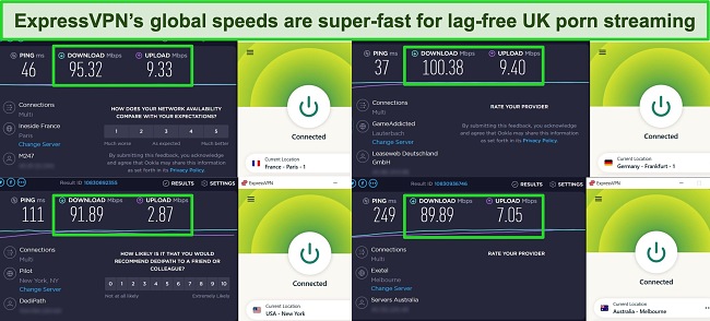 Ookla speed test results with ExpressVPN connected to servers in France, Germany, the US, and Australia.