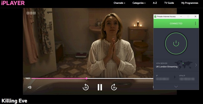 PIA connected to the London streaming optimized server, with BBC iPlayer showing Killing Eve.