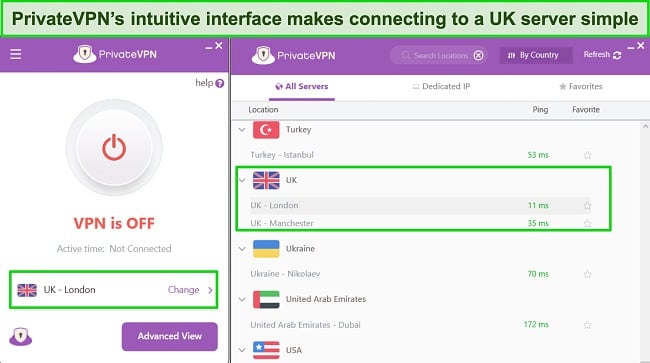 PrivateVPN's Windows app with server menu highlighting UK server connections.