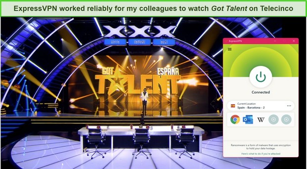 Screenshot of Got Talent playing on Telecinco while ExpressVPN is connected to a server in Spain.
