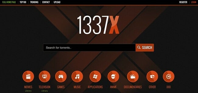 Screenshot of 1337X's home page