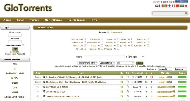 Screenshot della home page di GloTorrent