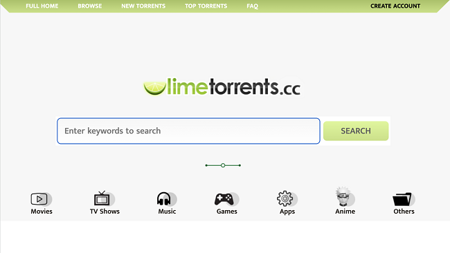 Screenshot of Lime Torrent's home page