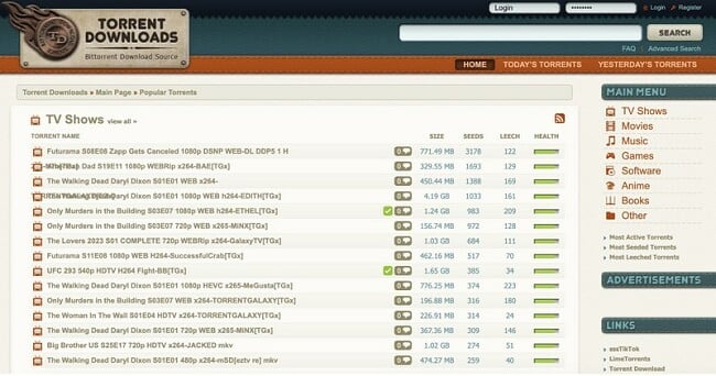 Screenshot della home page di Torrent Download