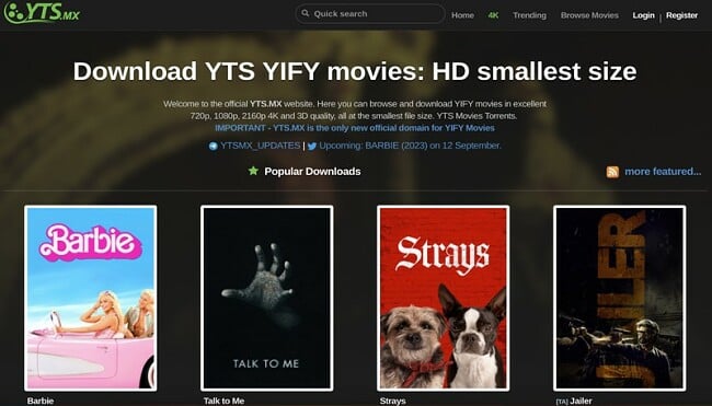 Screenshot della home page di YTS