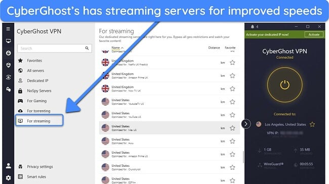 Screenshot of CyberGhost's streaming servers on its Windows app