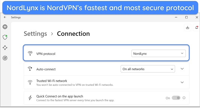Screenshot of NordVPN's NordLynx protocol selected