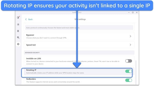 Screenshot of Rotating IP turned on on Surfshark's Windows app