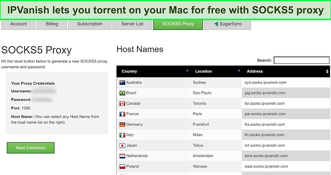 Screenshot of available SOCKS5 proxy locations included with an IPVanish subscription.