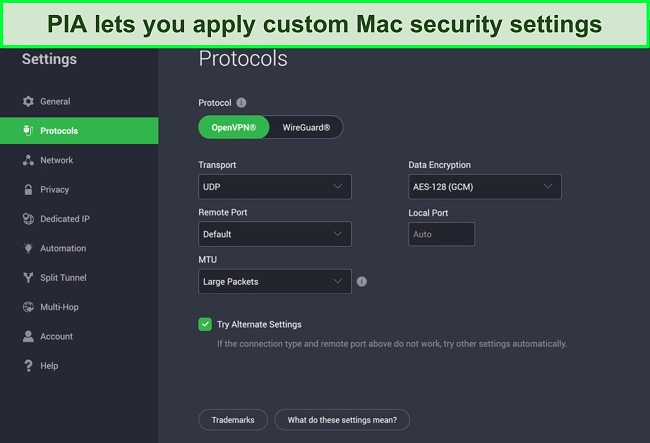 Screenshot of Private Internet Access Mac app's custom protocol settings.