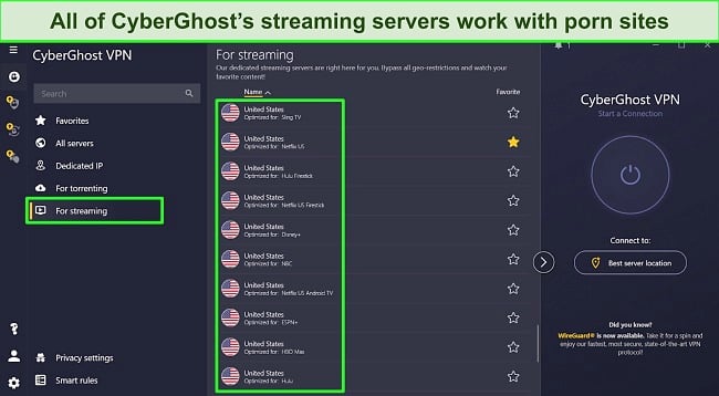 Screenshot of CyberGhost's streaming-optimized servers