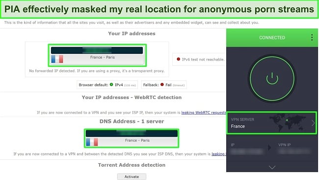 Screenshot of IP and DNS leak tests carried out on PIA's French server
