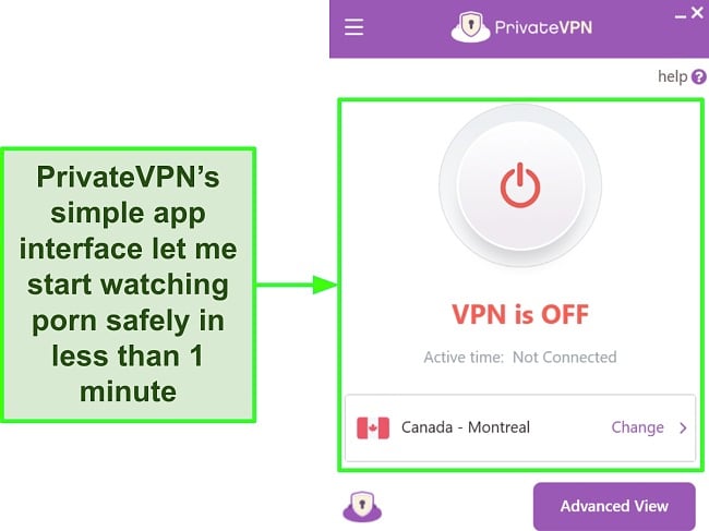 Screenshot of PrivateVPN's app interface in Simple View mode