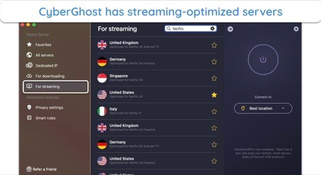 Screenshot of CyberGhost's optimized servers for Netflix