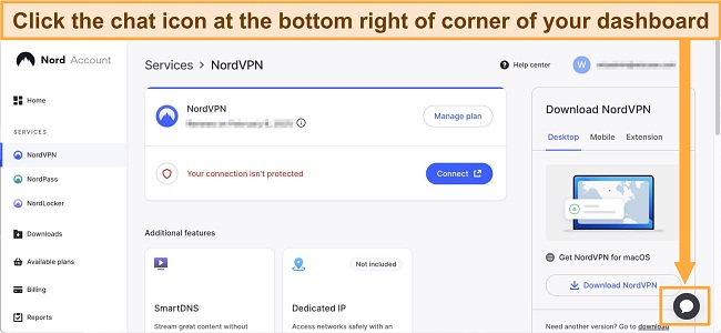 Alt Text: Screenshot of NordVPN's chat icon in the dashboard