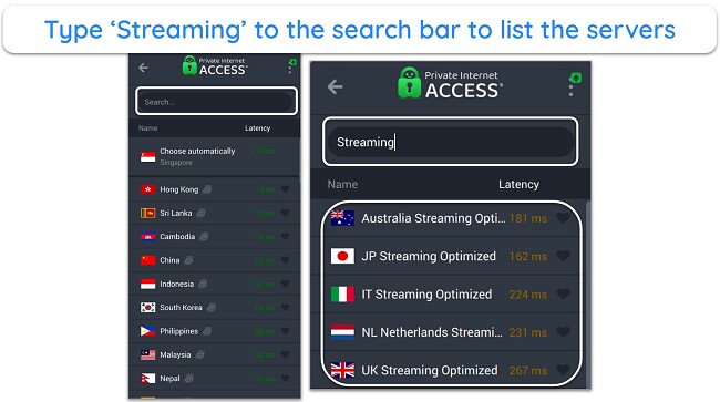 Screenshot of PIA's streaming servers