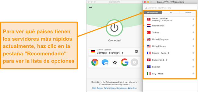 Captura de pantalla de la aplicación ExpressVPN que muestra los servidores recomendados