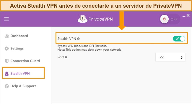 Captura de pantalla de la aplicación de Windows de PrivateVPN que destaca la función Stealth VPN