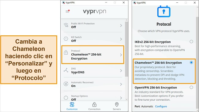 Capturas de pantalla de la aplicación de Windows de VyprVPN, que muestran cómo encontrar y cambiar el protocolo de conexión a Chameleon