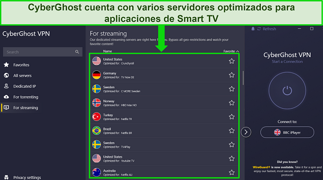 Captura de pantalla de la aplicación de Windows de CyberGhost con el menú del servidor de streaming optimizado abierto y resaltado para mostrar diferentes opciones de servidor