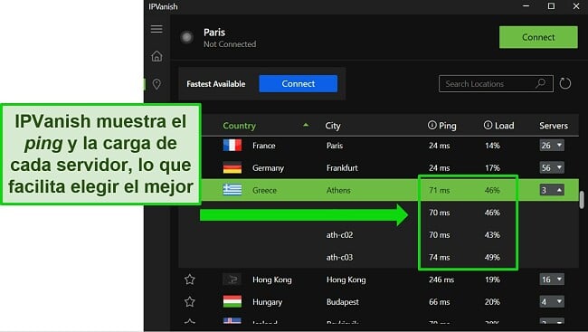 Captura de pantalla de la aplicación de Windows de IPVanish, que muestra el menú de servidores individuales y destaca el ping y la carga de usuarios de los servidores