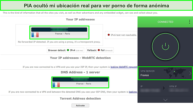 Captura de pantalla de las pruebas de fuga de IP y DNS realizadas en el servidor francés de PIA.