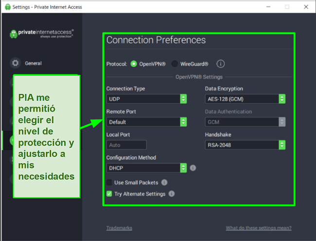 Captura de pantalla de la configuración de seguridad PIA disponible