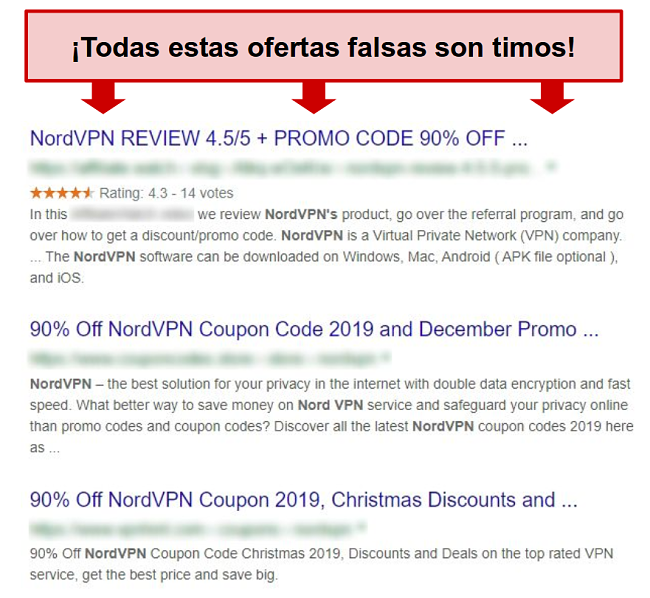 Los resultados de Google muestran descuentos falsos de NordVPN