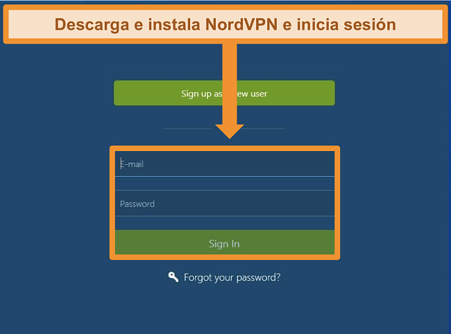 Captura de pantalla de la pantalla de inicio de sesión en la aplicación de Windows de NordVPN