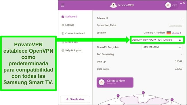Captura de pantalla de PrivateVPN en Samsung Smart TV
