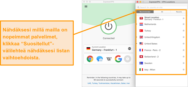 Näyttökuva ExpressVPN-sovelluksesta, joka näyttää suositellut palvelimet