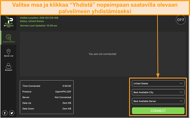 Näyttökuva IPVanish-sovelluksen käyttöliittymästä ja 