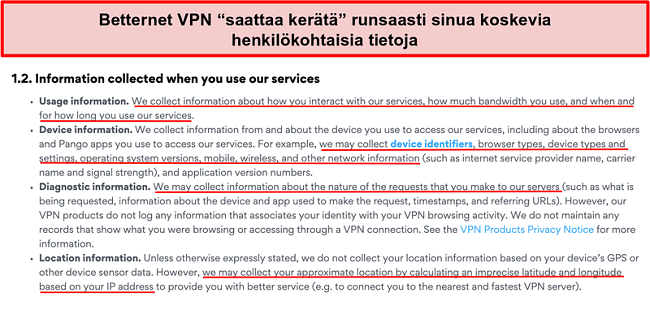 Näyttökuva Betternet VPN -tietosuojakäytännöstä