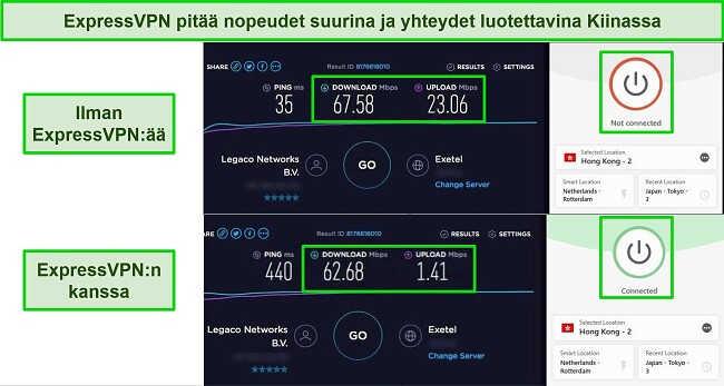 Kuvakaappaus kahdesta Ooklan nopeustestistä, joista toisessa ei ole VPN-yhteyttä ja toisessa ExpressVPN yhdistettynä Hongkongin palvelimeen.