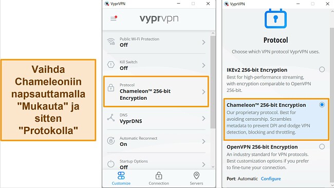 Kuvakaappauksia VyprVPN:n Windows-sovelluksesta, joka näyttää kuinka löytää ja muuttaa Chameleonin yhteysprotokolla