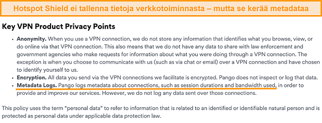 Näyttökuva Hotspot Shields -tietosuojakäytännöstä