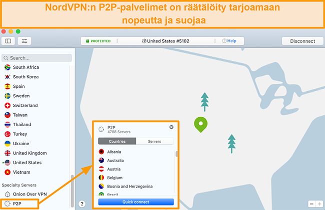 Näyttökuva NordVPN: n P2P-palvelimista Mac-sovelluksessa