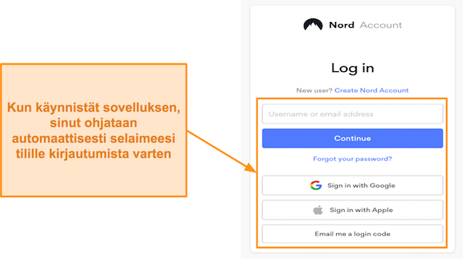 NordVPN-kirjautumislomakkeen kuvakaappaus